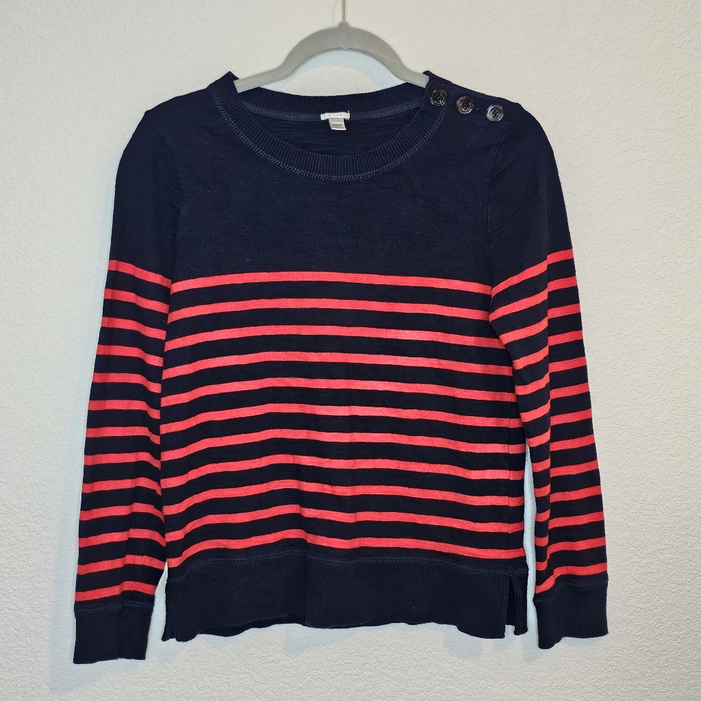 JCrew sz Small Blue & Red Stripped Sweater Crew Neck w/ Button Detail on Shoulde